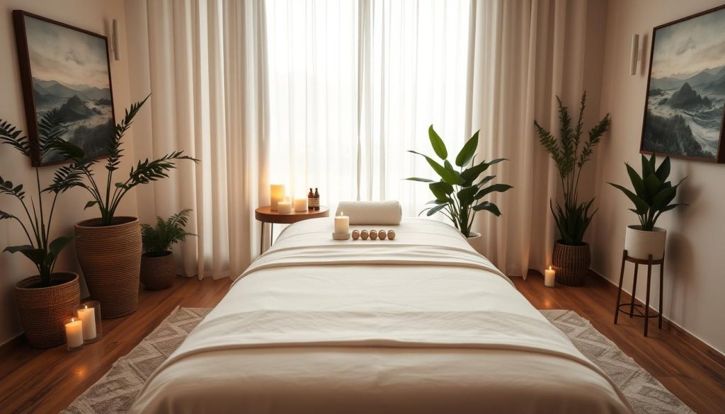A serene massage therapy room featuring a sleek, professional massage table at the center, adorned with soft linens and relaxing essential oils. Surrounding the table, there are calming elements like candles flickering gently, plants bringing a touch of nature, and soothing artwork on the walls depicting tranquil landscapes. Soft, diffused light streams through sheer curtains, creating a warm and inviting atmosphere. The room is set at an angle that captures the essence of relaxation and professionalism, with a focus on the harmonious arrangement of the furniture and decor. The overall mood is peaceful and rejuvenating, evoking a sense of comfort and healing.