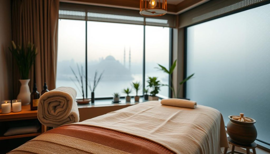 A serene massage therapy room in Istanbul, featuring a comfortable massage table, soft, warm lighting, and calming decor inspired by traditional Turkish elements. In the foreground, plush towels and aromatic oils neatly arranged on a wooden shelf, exuding a welcoming atmosphere. The middle ground shows a gentle water feature and plants, creating a tranquil environment. In the background, the faint outline of Istanbul's skyline can be seen through a large, frosted window, suggesting the city outside. The overall mood is peaceful and relaxing, evoking a sense of well-being and professionalism in a massage therapy setting, captured with a soft-focus lens and warm color tones.