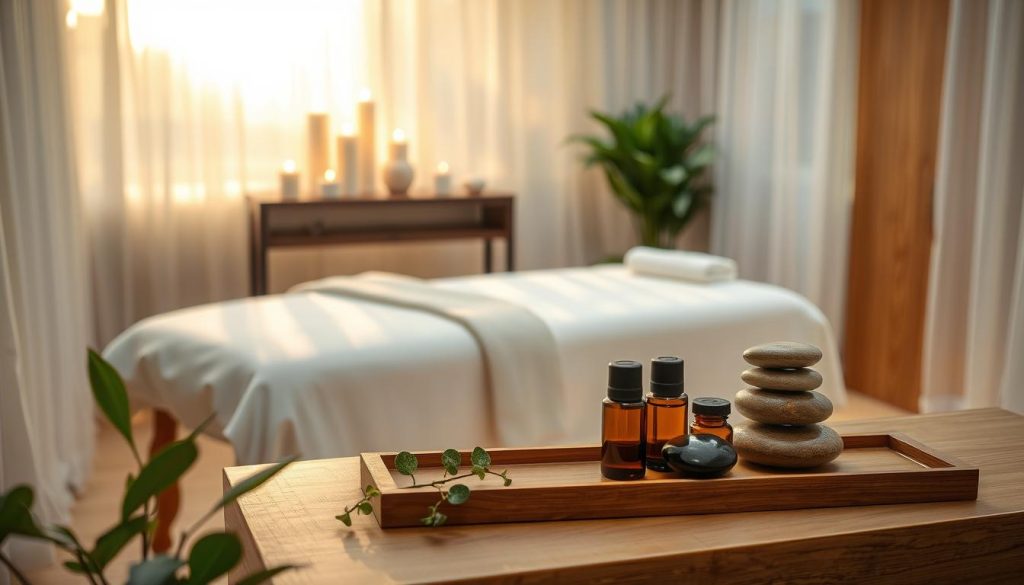 A serene massage therapy room in Istanbul, featuring a luxuriously decorated massage table with soft, plush linens and elegant candles flickering softly in the background. The warm, inviting atmosphere is enhanced by gentle, diffused sunlight streaming through sheer curtains, casting a soft glow across the space. In the foreground, soothing essential oils and aromatic stones are arranged artfully on a sleek wooden shelf. Natural greenery, such as potted plants, adds a touch of tranquility to the setting. The overall mood is one of relaxation and rejuvenation, evoking the therapeutic benefits of massage. The focus is on the serene environment, emphasizing a sense of calm and well-being tailored for an intimate, restorative experience.