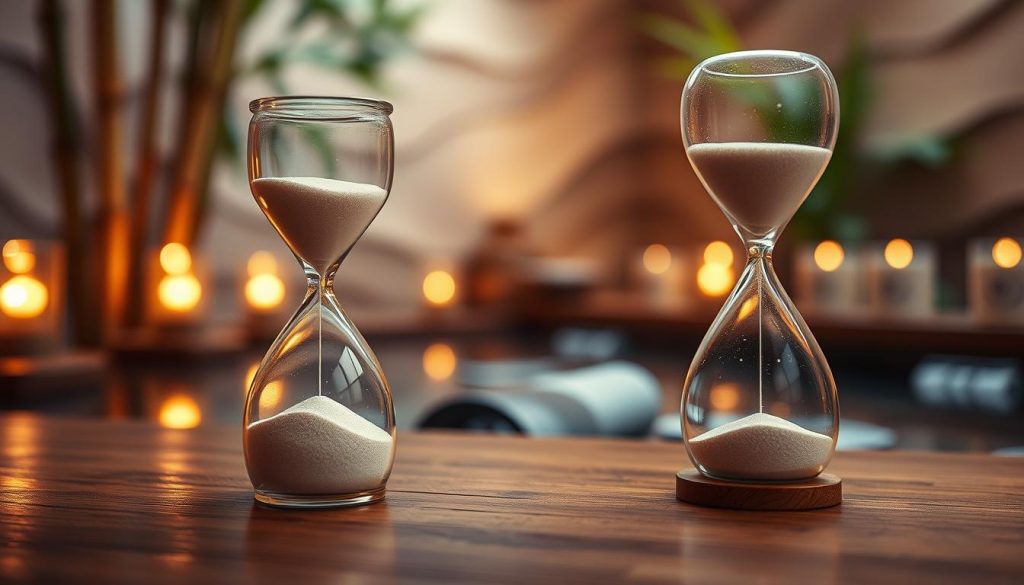 A serene visualization of the concept of "time" portrayed through a beautifully intricate hourglass placed prominently in the foreground, its fine sand gracefully flowing down, symbolizing the passage of time. In the middle ground, subtle clock gears and cogs interlace gently, hinting at the mechanics of timekeeping, while glimmering softly under warm, ambient lighting. The background features a blurred landscape of a tranquil spa setting, infused with natural elements like bamboo and gentle water streams that enhance the sense of serenity. The overall atmosphere is calming and reflective, with soft shadows and highlights that create depth and a sense of peaceful contemplation, inviting viewers to ponder the essence of time as it relates to the value of a massage experience.