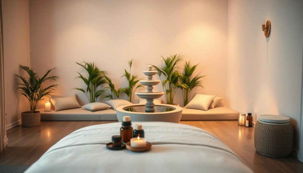 A tranquil massage therapy room, designed for relaxation. In the foreground, a calming massage table adorned with soft, neutral-toned linens, topped with aromatic candles and essential oils. The middle ground features an inviting space with bamboo plants and soft cushions arranged around a tranquil water fountain, enhancing the serene ambiance. The background showcases soft, warm lighting emanating from elegant sconces, casting gentle shadows across the walls, which are painted in soothing pastel colors. The atmosphere is peaceful and inviting, designed to help first-time recipients feel at ease and prepare for a comforting massage experience. The overall mood is one of calmness and relaxation, promoting a sense of well-being and tranquility.