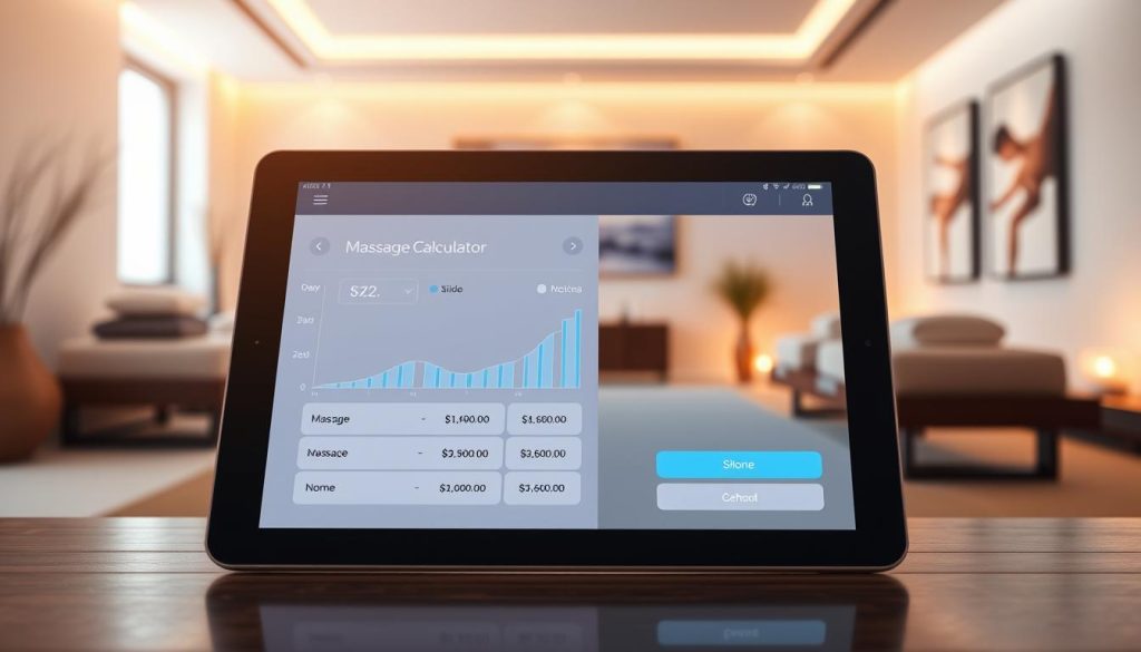 A visually stunning representation of a massage price calculator interface displayed on a sleek, modern tablet. In the foreground, the tablet showcases a vibrant, user-friendly interface with interactive graphs and sliding price options, emphasizing clarity and ease of use. The middle ground features a minimalist spa setting with soothing decor, soft lighting, and gentle color tones to evoke a tranquil atmosphere. In the background, blurred outlines of relaxing massage rooms and calming artwork create an inviting environment, symbolizing peace and transparency in pricing. The overall mood is serene and professional, enhancing the theme of real-time pricing transparency in a luxurious spa experience. The lighting is soft, with warm highlights that create a welcoming glow, inviting viewers to engage with the concept.