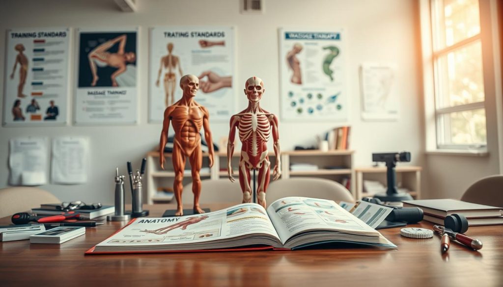 A well-organized anatomy physiology training scene, showcasing a diverse collection of tools and models. In the foreground, a detailed anatomical model of the human body, highlighting muscles and bones, sits on a polished wooden table. In the middle, an open textbook with colorful diagrams and charts about human anatomy and physiology rests beside anatomy flashcards. The background features a well-lit classroom with educational posters on the walls, emphasizing training standards and techniques for massage therapists. Soft, natural lighting floods the room through large windows, creating an inviting and focused atmosphere. The angle captures the essence of a serious yet inspiring learning environment, making it ideal for training and education in the field of massage therapy.