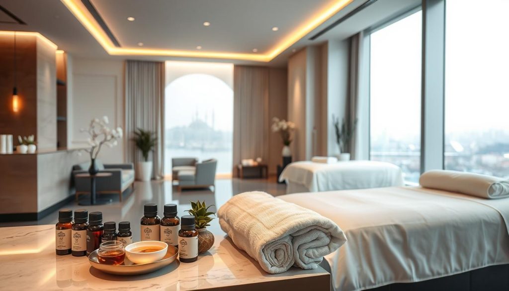 A luxurious corporate spa interior in Istanbul, featuring a serene reception area with sleek modern furnishings and soft ambient lighting. In the foreground, a beautifully arranged display of essential oils, herbal teas, and plush towels on a polished counter. The middle features a tranquil treatment room with a massage table draped in crisp white linens and gentle, soothing decor. The background shows large windows framing a glimpse of the Istanbul skyline, softly illuminated by natural light, enhancing the peaceful atmosphere. Include soft textures and calming colors like light blues and greens to evoke relaxation and professionalism. The scene should radiate a sense of sophistication and high standards, inviting one to experience the essence of corporate spa wellness.