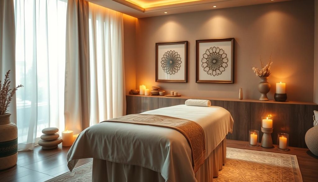 A luxurious massage setting in a serene Istanbul spa, showcasing a tranquil therapy room with soft, ambient lighting. In the foreground, a beautifully arranged massage table with plush linens, surrounded by calming elements such as aromatic candles and natural stone decor. In the middle ground, soft shadows caress the walls, adorned with framed artwork depicting traditional Turkish motifs. The background features a large window with sheer curtains, allowing gentle sunlight to filter in, illuminating the peaceful atmosphere. The overall mood is soothing and inviting, embodying a sense of relaxation and rejuvenation for both body and mind. The image captures the essence of wellness and luxury in an Ottoman-inspired spa, perfect for illustrating the benefits of massage therapy.