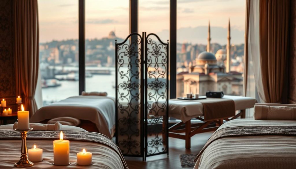 A luxurious massage setup in a serene Istanbul setting, featuring an elegantly arranged massage table with soft, plush linens in a richly decorated room adorned with traditional Turkish motifs. The foreground captures delicate aromatherapy candles with glowing flames, creating a warm ambiance. In the middle, an ornate decorative screen separates spaces, enhancing the feeling of privacy. In contrast, on the opposite side, a standard massage area with simple, functional furnishings, featuring a modest massage table with basic utility items, highlighting the no-frills aspect. The background reveals a panoramic view of Istanbul's skyline, with the iconic Bosphorus and historic architecture bathed in soft, golden evening light. The mood conveys a sense of calm and relaxation, illustrating the clear differences in luxury versus standard massage experiences.