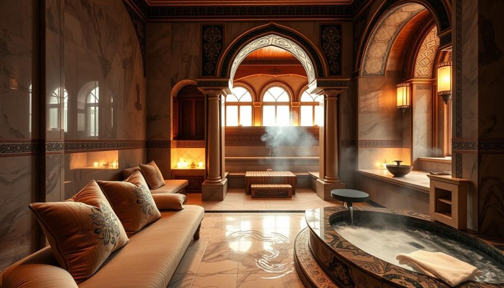 A luxurious private Turkish bath suite, featuring exquisite marble tiles and ornate mosaics. In the foreground, a plush, inviting seating area with soft, elegantly patterned cushions, adjacent to a beautifully designed basin with flowing water. The middle ground showcases a traditional steam room with rich wood accents and ambient lighting that casts a warm, relaxing glow. In the background, intricately carved arches frame large windows that allow soft, diffused natural light to illuminate the space. The atmosphere is serene and tranquil, with gentle steam rising in the air, creating a sense of ultimate relaxation and privacy, perfect for indulgent spa treatments. Capture this scene with a wide-angle lens to encompass the lavish details, emphasizing a calming mood that speaks to luxury and personal retreat.