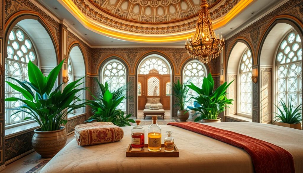 A luxurious spa interior inspired by Ottoman heritage, featuring intricate tile work and rich, warm colors. In the foreground, a marble massage table adorned with plush, patterned fabrics and aromatic essential oils set in elegant glass containers. In the middle ground, lush greenery and soft, ambient lighting create a serene atmosphere, while archways and ornate chandeliers reflect traditional Ottoman architecture. The background showcases a domed ceiling with subtle gold accents, bathing the space in a warm glow. Light filters through intricately designed windows, casting gentle shadows, emphasizing tranquility and relaxation. Soft textures like silk and velvet blend harmoniously, inviting guests into a space where heritage and modern luxury seamlessly converge.