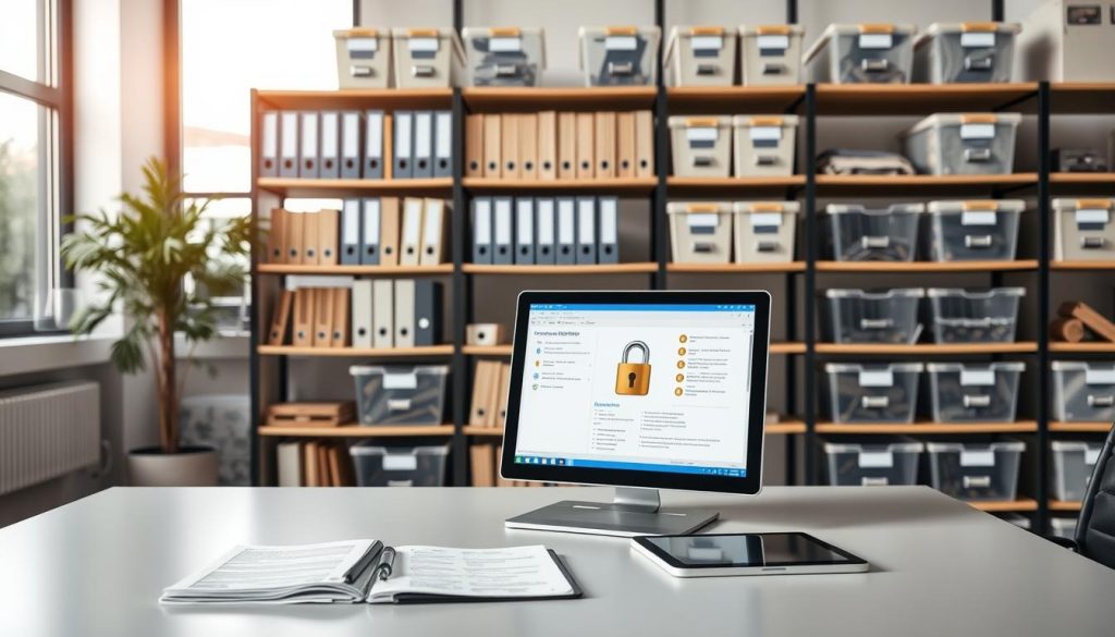 A modern office space focused on managing information collection and storage. In the foreground, a sleek, organized desk with a computer displaying data security software, a notepad filled with notes, and a digital tablet. In the middle, shelving units filled with labeled folders and clear storage bins, symbolizing systematic organization of personal information. The background features large windows with natural light streaming in, illuminating the space and creating a professional atmosphere. Soft, neutral color tones enhance the sense of calm and security. The overall mood is focused and efficient, conveying a sense of trust and responsibility in handling personal data.