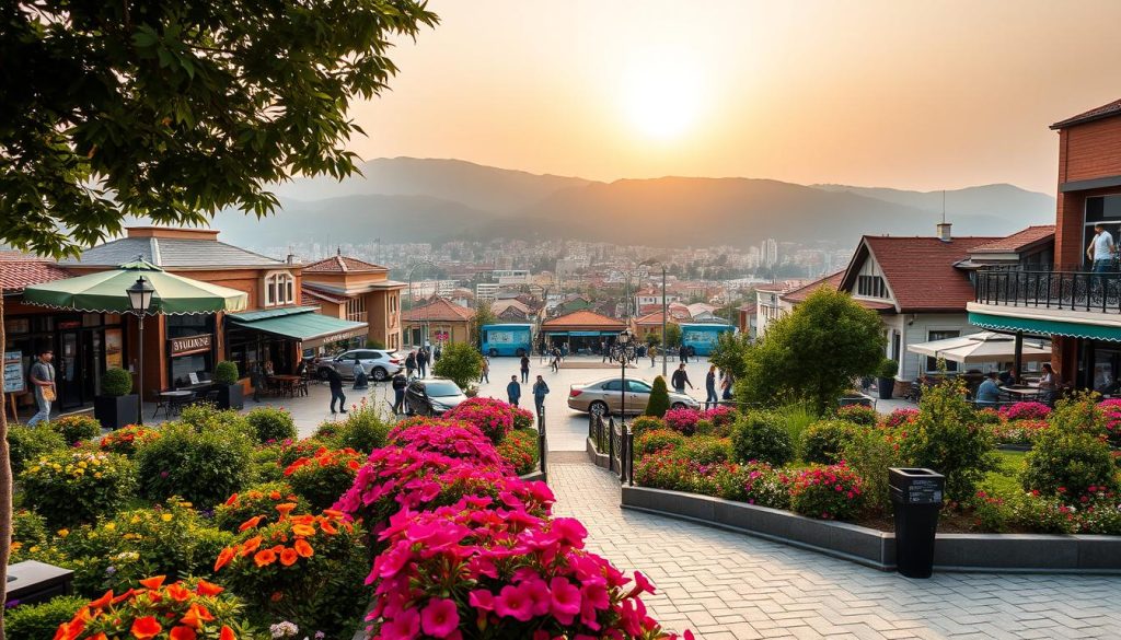 A picturesque view of Ümraniye, featuring key local attractions. In the foreground, include vibrant flower beds and well-kept walking paths that lead toward a quaint town square adorned with cozy cafés and shops. In the middle ground, showcase a stunning panoramic view of the Ümraniye skyline, highlighting modern architecture intertwined with traditional Turkish elements. The background should be a soft focus of lush green hills, with the sun casting a warm golden light over the scene, creating a serene atmosphere. Use a wide-angle lens perspective to capture the depth and vibrancy of the location, emphasizing the inviting nature of the area while maintaining a peaceful and tranquil mood.