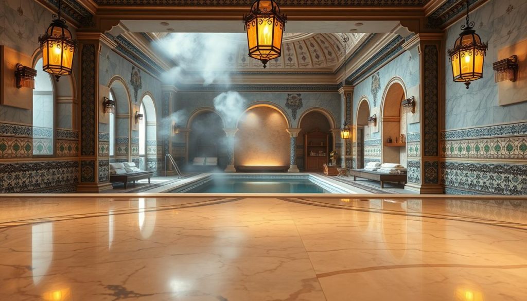 A serene Turkish bath setting, illustrating a luxurious yet authentic space devoid of tourists. In the foreground, intricately designed marble surfaces and colorful mosaic tiles reflect soft, diffused golden light from ornate lanterns hanging from the ceiling. In the middle ground, an elegant hammam area with steam gently rising and beautifully crafted arches frames the bathing pool, offering a sense of tranquility. Delicate details such as plush towels neatly arranged and aromatic oils displayed on wooden shelves enhance the atmosphere. The background features a calm and inviting ambiance, suggesting a peaceful retreat away from crowded tourist spots. The overall mood should convey relaxation and authenticity, with a warm color palette that invites the viewer to experience the unique charm of a traditional Turkish bath experience.
