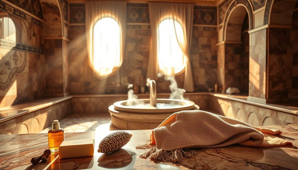 A serene Turkish hammam interior, showcasing rich marble surfaces and intricate mosaic tiles, bathed in warm, diffused light. In the foreground, a beautifully arranged display of traditional hammam items, including olive oil soap, a decorative scrubbing glove, and a softly woven peshtemal (towel), hints at the massage experience. The middle ground features an elegant stone basin surrounded by fragrant herbal oils and steaming water, emphasizing relaxation and rejuvenation. The background reveals arched windows adorned with sheer drapes, allowing sunlight to filter softly, creating a tranquil atmosphere. The overall mood is one of peace and cultural richness, inviting the viewer to immerse themselves in the traditional Turkish spa experience. A serene Turkish hammam interior, showcasing rich marble surfaces and intricate mosaic tiles, bathed in warm, diffused light. In the foreground, a beautifully arranged display of traditional hammam items, including olive oil soap, a decorative scrubbing glove, and a softly woven peshtemal (towel), hints at the massage experience. The middle ground features an elegant stone basin surrounded by fragrant herbal oils and steaming water, emphasizing relaxation and rejuvenation. The background reveals arched windows adorned with sheer drapes, allowing sunlight to filter softly, creating a tranquil atmosphere. The overall mood is one of peace and cultural richness, inviting the viewer to immerse themselves in the traditional Turkish spa experience.