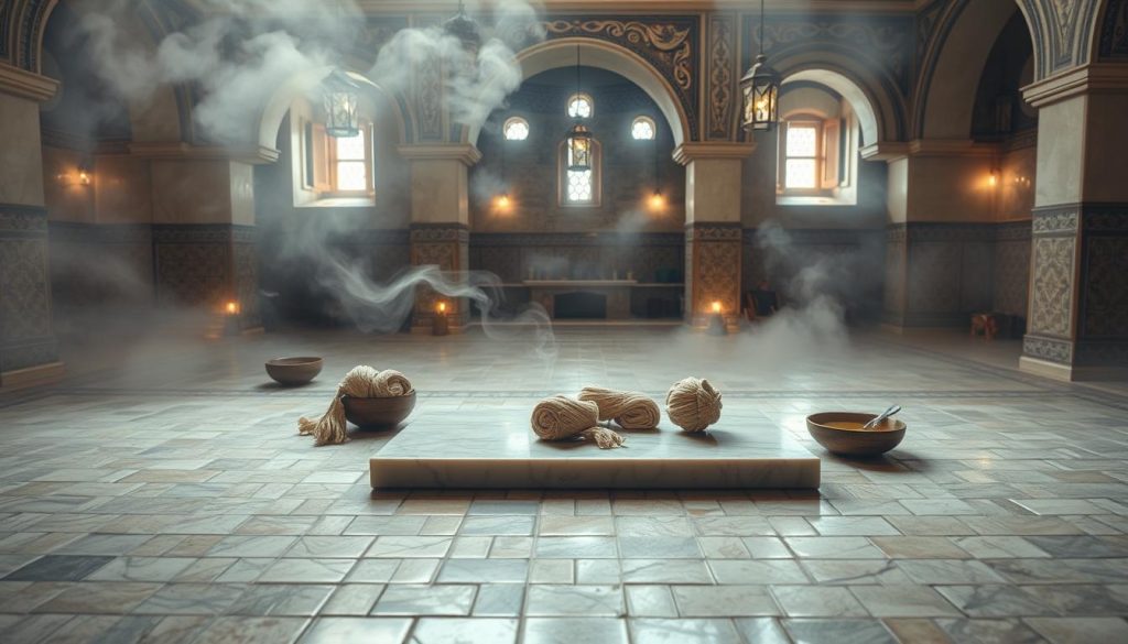 A serene Turkish hammam scene showcasing traditional kese exfoliation. In the foreground, intricately patterned tiles of the hamam glisten under soft, warm lighting. A traditional marble slab, or göbek taşı, is centered, surrounded by bundles of natural kese scrub mitts and bowls of fragrant olive oil and herbs. In the middle ground, steam wafts gently, adding a mystic quality to the atmosphere, while ornate arches reveal glimpses of decorative mosaics and hanging lanterns casting subtle shadows. In the background, a tranquil space is filled with soft light filtering through small windows, creating an inviting environment that emphasizes relaxation. The overall mood is peaceful and rejuvenating, capturing the essence of a classic Turkish spa experience.