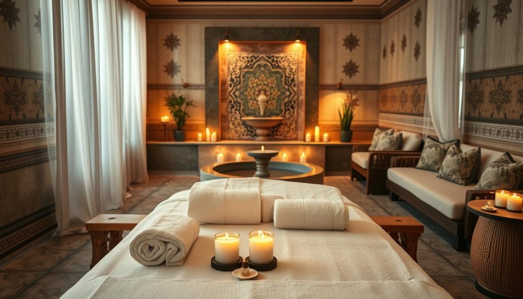 A serene Turkish spa setting preparing for a relaxation appointment. In the foreground, an elegantly arranged wooden treatment table adorned with fluffy white towels and aromatic essential oils, exuding a sense of tranquility. In the middle, a soft, dimly lit room featuring traditional Turkish tiles, gently flickering candles, and a mosaic fountain in the background, highlighting the spa's luxurious atmosphere. The walls are adorned with intricate patterns, and plush seating areas with decorative pillows enhance comfort. Natural light filters through sheer curtains, creating a warm, inviting ambiance. The overall mood is peaceful, emphasizing rejuvenation and pampering, making it a perfect space to unwind before a massage. A serene Turkish spa setting preparing for a relaxation appointment. In the foreground, an elegantly arranged wooden treatment table adorned with fluffy white towels and aromatic essential oils, exuding a sense of tranquility. In the middle, a soft, dimly lit room featuring traditional Turkish tiles, gently flickering candles, and a mosaic fountain in the background, highlighting the spa's luxurious atmosphere. The walls are adorned with intricate patterns, and plush seating areas with decorative pillows enhance comfort. Natural light filters through sheer curtains, creating a warm, inviting ambiance. The overall mood is peaceful, emphasizing rejuvenation and pampering, making it a perfect space to unwind before a massage.