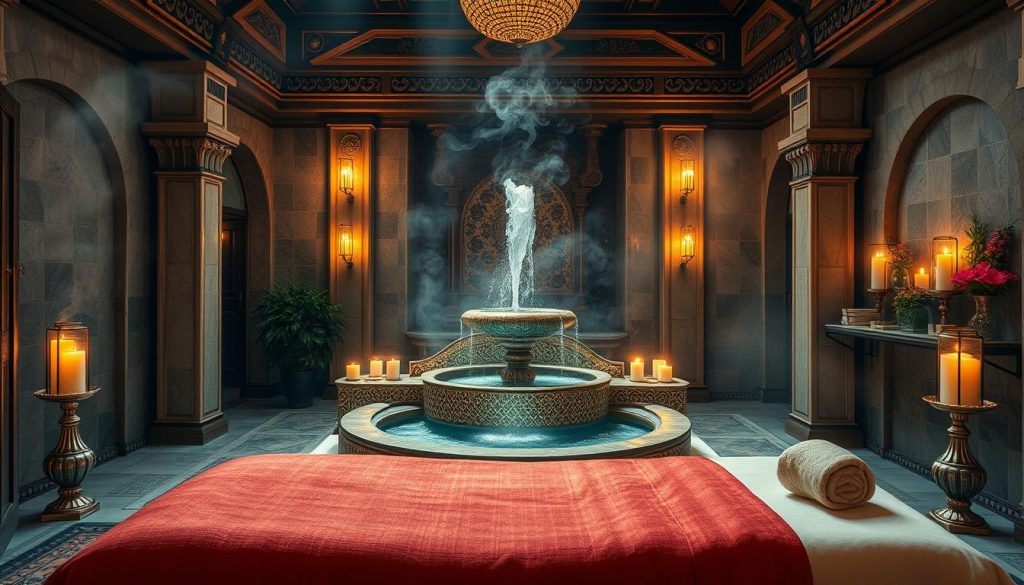 A serene and authentic Istanbul spa experience, showcasing a luxurious interior featuring ornate architecture with traditional Turkish elements. In the foreground, a richly adorned massage table draped in soft, colorful fabrics, surrounded by elegant candles emitting a warm, inviting glow. In the middle, a beautiful mosaic fountain with flowing water, creating a calming ambiance. Exotic flowers and herbal essences arranged artfully on nearby shelves emphasize the unique spa rituals. In the background, soft, ambient lighting enhances the rich textures of the wooden beams and tile work, while delicate steam wafts through the air, creating a tranquil atmosphere. The overall mood is one of relaxation and indulgence, inviting viewers to immerse themselves in the authentic ritual experience. A serene and authentic Istanbul spa experience, showcasing a luxurious interior featuring ornate architecture with traditional Turkish elements. In the foreground, a richly adorned massage table draped in soft, colorful fabrics, surrounded by elegant candles emitting a warm, inviting glow. In the middle, a beautiful mosaic fountain with flowing water, creating a calming ambiance. Exotic flowers and herbal essences arranged artfully on nearby shelves emphasize the unique spa rituals. In the background, soft, ambient lighting enhances the rich textures of the wooden beams and tile work, while delicate steam wafts through the air, creating a tranquil atmosphere. The overall mood is one of relaxation and indulgence, inviting viewers to immerse themselves in the authentic ritual experience.
