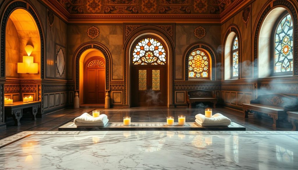 A serene and authentic Turkish bath atmosphere, showcasing an opulent marble interior with intricate, traditional patterns. In the foreground, soft, steamy vapor rises gently from a beautifully arranged marble platform, adorned with plush towels and glowing candles. The middle ground features ornate arched doorways leading to private alcoves, while hand-carved wooden benches line the walls. In the background, warm golden light filters through stained glass windows, creating a captivating play of colors on the smooth surfaces. The mood is tranquil and inviting, evoking relaxation and rejuvenation. Capture the scene from a slightly elevated angle to emphasize the grandeur of the space, with a shallow depth of field that enhances the ambiance without distractions.