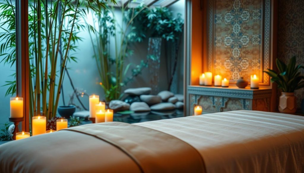 A serene and inviting atmosphere reflecting the essence of tantra massage in Istanbul. In the foreground, a beautiful massage table draped in soft, luxurious fabrics, surrounded by aromatic candles casting warm, soft light. In the middle, a tranquil setting featuring a lush indoor garden with bamboo, stones, and gentle flowing water, creating a sense of harmony and relaxation. The background showcases elegant Turkish mosaic tiles and warm ambient lighting, enhancing the calming vibe. The overall mood is peaceful and rejuvenating, conveying a sense of wellness and tranquility. Use a soft focus lens to emphasize the gentle textures and lighting, creating an intimate and soothing aesthetic.