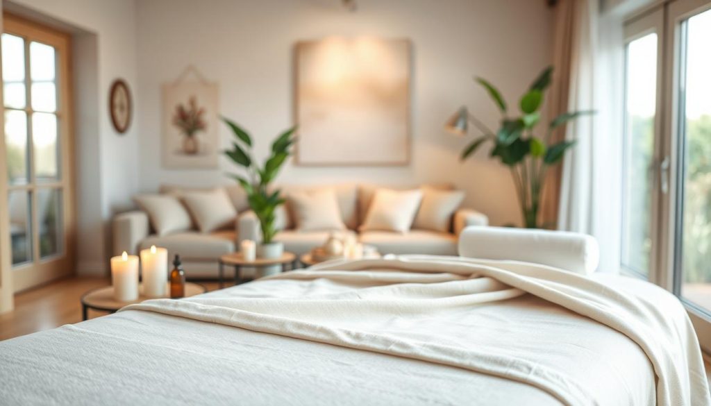 A serene and inviting home environment set up for an in-home massage experience. In the foreground, a massage table is elegantly draped with soft, neutral linens. Nearby, a small table displays calming essential oils and candles providing a warm glow. The middle layer features a cozy living space with soft lighting, plush cushions, and a soothing color palette of pastels. A houseplant adds a touch of nature. In the background, large windows let in soft, diffused daylight, enhancing the tranquil atmosphere. The overall mood is peaceful and relaxing, conveying the essence of unwinding at home. The composition is well-lit, focusing on creating a warm, inviting ambiance, with a depth of field that subtly blurs the background details for a dreamy effect.