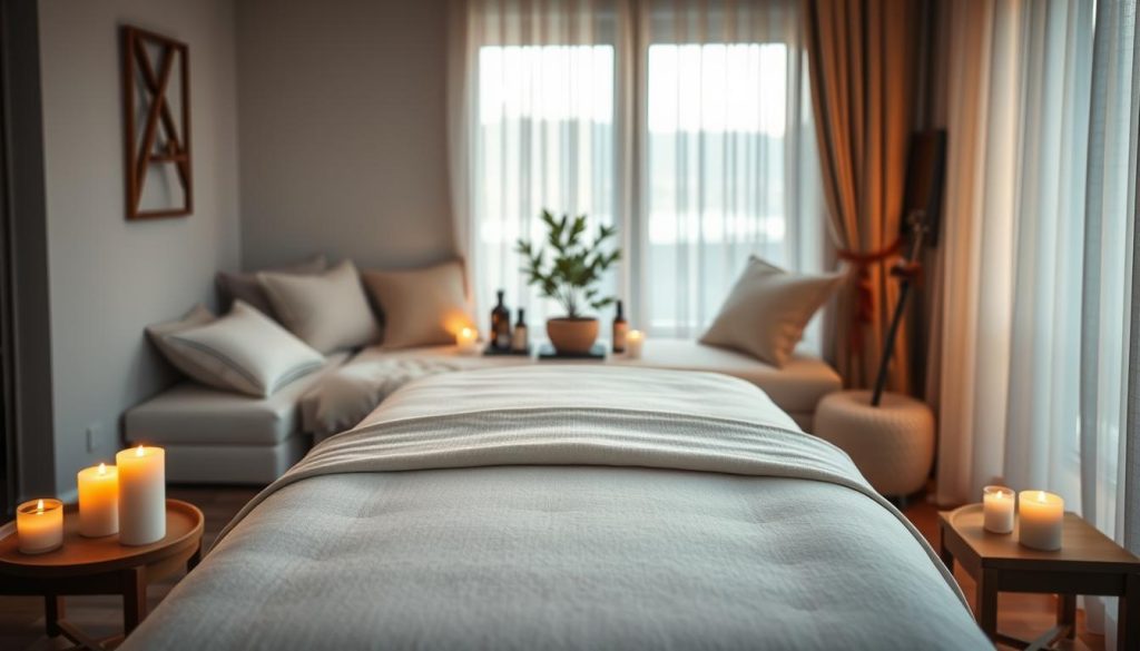 A serene and inviting interior scene depicting a luxurious home massage service environment in Istanbul. In the foreground, an elegantly arranged massage table with plush linens and aromatic candles creates a calming atmosphere. The middle of the image features decorative elements like soft cushions, essential oil bottles, and a small indoor plant, enhancing the sense of relaxation. The background showcases a gently lit window with sheer drapes, allowing natural light to softly illuminate the room. The color palette consists of soothing earth tones and subtle greens, evoking tranquility. The overall mood is peaceful and indulgent, inviting viewers to envision the soothing experience of a home massage. A serene and inviting interior scene depicting a luxurious home massage service environment in Istanbul. In the foreground, an elegantly arranged massage table with plush linens and aromatic candles creates a calming atmosphere. The middle of the image features decorative elements like soft cushions, essential oil bottles, and a small indoor plant, enhancing the sense of relaxation. The background showcases a gently lit window with sheer drapes, allowing natural light to softly illuminate the room. The color palette consists of soothing earth tones and subtle greens, evoking tranquility. The overall mood is peaceful and indulgent, inviting viewers to envision the soothing experience of a home massage.
