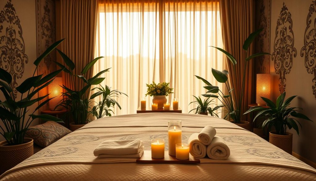 A serene and inviting massage room in Istanbul, showcasing traditional decor with plush cushions and soft lighting. In the foreground, a beautifully arranged massage table with fresh towels, essential oils, and aromatic candles, emanating a warm glow. The middle ground features elegant drapery and lush indoor plants that create a calming atmosphere. In the background, ornate Ottoman-style motifs can be seen on the walls, blending cultural heritage with relaxation. Golden hour light filters through sheer curtains, casting gentle shadows and enhancing the tranquil mood. The overall ambiance should evoke a sense of peace and luxury, inviting viewers to imagine themselves in a revitalizing massage experience.