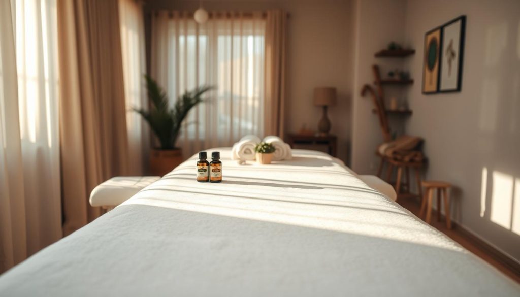 A serene and inviting massage room showcasing lymphatic drainage therapy. In the foreground, a massage table covered with a soft white sheet, flanked by soothing essential oils and a small potted plant. The middle ground features a neatly arranged setup, including towels and massage tools, emanating a calming atmosphere. Natural light filters through sheer curtains, creating a warm glow that enhances the tranquil feeling of the space. The background reveals a cozy, well-decorated interior with earthy tones and minimalistic décor, evoking a sense of relaxation and wellness. Soft shadows accentuate the details, while the overall ambiance inspires peace and rejuvenation, ideal for a lymphatic drainage massage experience in Istanbul. A serene and inviting massage room showcasing lymphatic drainage therapy. In the foreground, a massage table covered with a soft white sheet, flanked by soothing essential oils and a small potted plant. The middle ground features a neatly arranged setup, including towels and massage tools, emanating a calming atmosphere. Natural light filters through sheer curtains, creating a warm glow that enhances the tranquil feeling of the space. The background reveals a cozy, well-decorated interior with earthy tones and minimalistic décor, evoking a sense of relaxation and wellness. Soft shadows accentuate the details, while the overall ambiance inspires peace and rejuvenation, ideal for a lymphatic drainage massage experience in Istanbul.