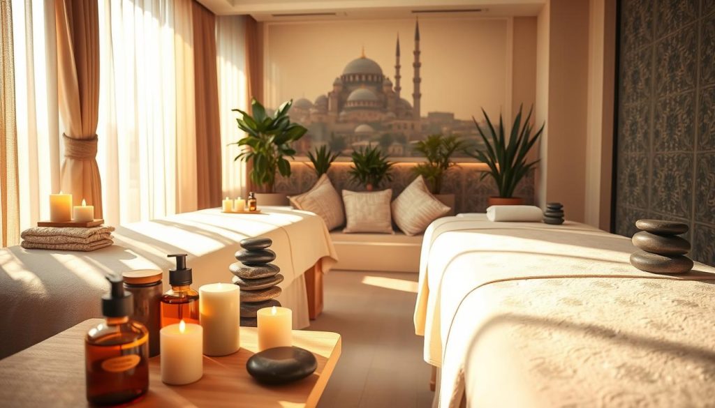 A serene and inviting massage studio in Istanbul, featuring luxurious massage tables adorned with soft linens and aromatic candles. In the foreground, a selection of massage oils and natural stones showcases various techniques, including traditional Turkish and aromatherapy styles. The soft golden light filters through sheer curtains, enhancing the tranquil atmosphere. In the middle, a relaxing ambiance is created by soft cushions and potted plants, giving a touch of nature. The background reveals glimpses of Istanbul's rich cultural heritage, with decorative tiles and a faint silhouette of a mosque. The overall mood is peaceful, promoting wellness and relaxation, ideal for establishing a monthly massage routine. The composition is well-balanced and focuses on the essence of the massage experience.