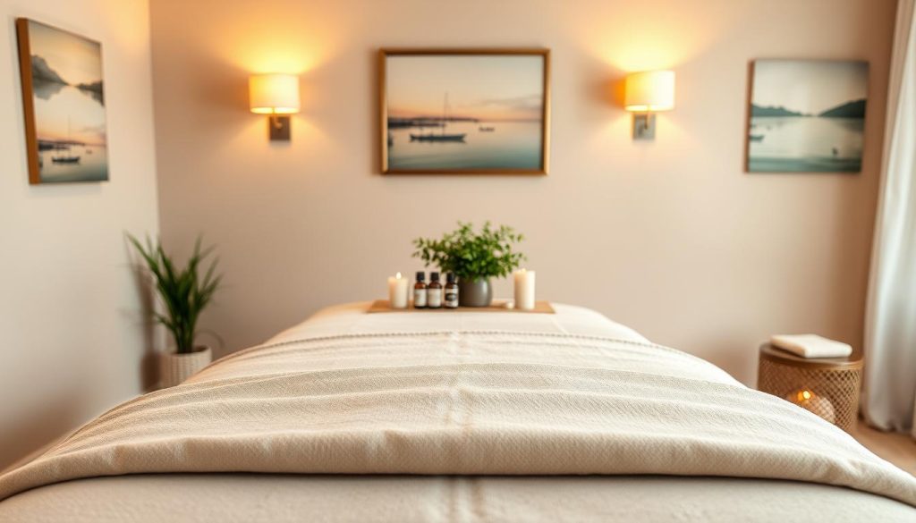 A serene and inviting massage therapy room featuring a comfortable massage table in the foreground, draped with soft, neutral-colored linens. In the middle, a small bedside table holds essential oils, candles, and a lush green plant, adding a touch of nature. The background features soft, diffused lighting from lamps with warm tones, creating a calming atmosphere. Elegant wall art depicting relaxing landscapes enhances the peaceful vibe. The overall composition should evoke a sense of tranquility and professionalism associated with booking a massage session. The angle should be slightly overhead, capturing both the inviting massage setting and the soothing ambiance, emphasizing relaxation and self-care. A serene and inviting massage therapy room featuring a comfortable massage table in the foreground, draped with soft, neutral-colored linens. In the middle, a small bedside table holds essential oils, candles, and a lush green plant, adding a touch of nature. The background features soft, diffused lighting from lamps with warm tones, creating a calming atmosphere. Elegant wall art depicting relaxing landscapes enhances the peaceful vibe. The overall composition should evoke a sense of tranquility and professionalism associated with booking a massage session. The angle should be slightly overhead, capturing both the inviting massage setting and the soothing ambiance, emphasizing relaxation and self-care.