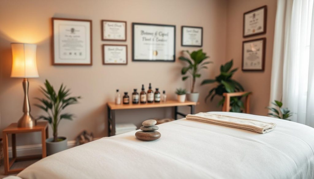 A serene and inviting massage therapy room, featuring a neatly arranged massage table with fresh, crisp linens. The foreground should include soft lighting from a table lamp adorned with a calming design, casting a warm glow over the space. In the middle, display essential oils and natural stones artfully arranged on a wooden shelf, emphasizing a holistic approach. The background should show soothing wall colors with framed certificates and diplomas hanging in an organized manner, highlighting professionalism and certification. Include potted plants that add a touch of nature, with sunlight filtering through a nearby window, creating a tranquil and peaceful atmosphere suited for professional therapy services. Aim for a calm and reassuring mood, with a focus on wellness and expertise.