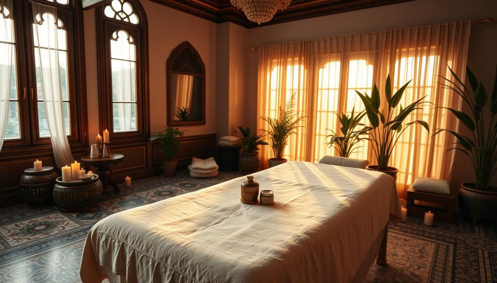 A serene and inviting massage therapy room in Istanbul, featuring traditional Turkish decor. In the foreground, a plush massage table is adorned with soft, neutral-colored linens, surrounded by aromatic candles and herbal oils. The middle section showcases intricate mosaic tile patterns on the floor and wooden elements that evoke a sense of comfort and relaxation. The background reveals large windows with sheer curtains, letting in warm, golden sunlight that bathes the room in a tranquil glow. Potted plants add a touch of nature, enhancing the soothing atmosphere. The overall mood is calm and peaceful, perfect for a local massage experience in the heart of Istanbul.