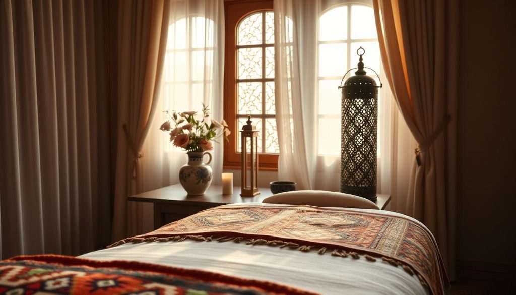 A serene and inviting massage therapy room inspired by Istanbul's cultural heritage. In the foreground, a beautifully arranged massage table, adorned with traditional Turkish textiles, such as vibrant kilim cushions and soft cotton sheets, exuding warmth and comfort. In the middle ground, delicate decorative elements like a hand-painted ceramic vase holding fresh flowers and an ornate lantern casting soft, ambient light. The background reveals a large window framed by sheer curtains, allowing gentle sunlight to filter in, illuminating intricate wall patterns reminiscent of historical Ottoman architecture. The mood is tranquil and soothing, evoking a sense of cultural authenticity and relaxation, perfect for an authentic massage experience. A serene and inviting massage therapy room inspired by Istanbul's cultural heritage. In the foreground, a beautifully arranged massage table, adorned with traditional Turkish textiles, such as vibrant kilim cushions and soft cotton sheets, exuding warmth and comfort. In the middle ground, delicate decorative elements like a hand-painted ceramic vase holding fresh flowers and an ornate lantern casting soft, ambient light. The background reveals a large window framed by sheer curtains, allowing gentle sunlight to filter in, illuminating intricate wall patterns reminiscent of historical Ottoman architecture. The mood is tranquil and soothing, evoking a sense of cultural authenticity and relaxation, perfect for an authentic massage experience.