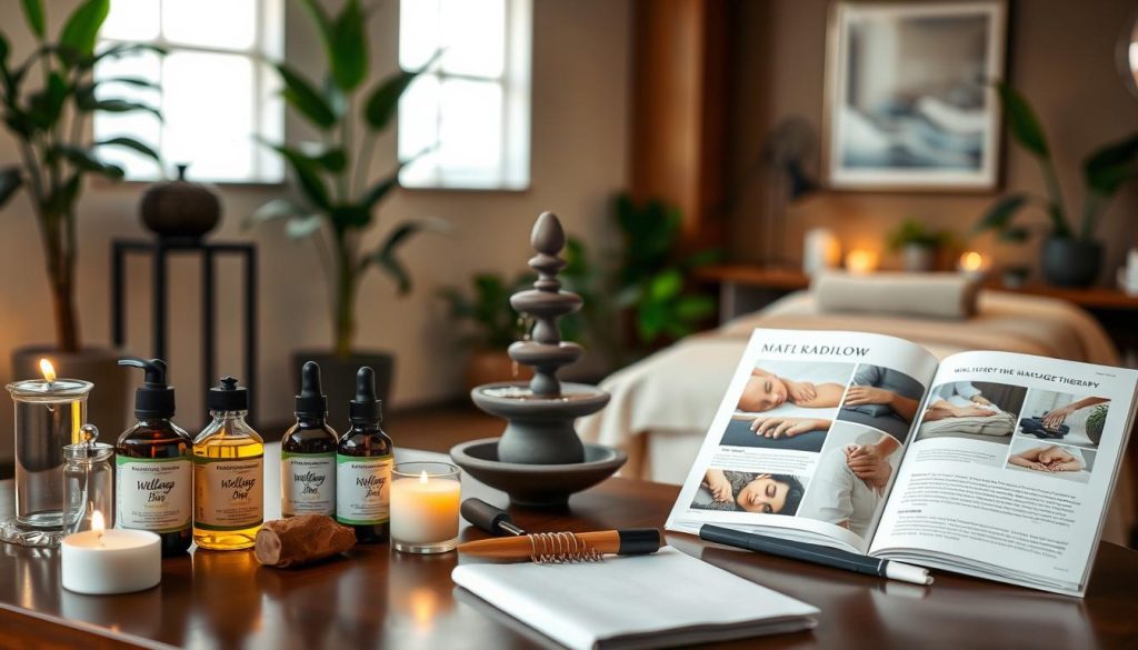 A serene and inviting massage therapy room, showcasing a variety of massage tools and equipment neatly arranged in the foreground. On a polished wooden table, there are several massage oils, candles, and a wellness brochure displaying different massage therapies. In the middle ground, a comfortable massage table is draped with soft, neutral-colored linens, and a peaceful water fountain adds a calming ambiance. The background features soft, ambient lighting, with plants and soothing artwork on the walls, enhancing relaxation. The atmosphere is tranquil and welcoming, reflecting a space where individuals can thoughtfully consider their massage therapy options. The focus is on creating a peaceful environment that encourages informed decision-making. A serene and inviting massage therapy room, showcasing a variety of massage tools and equipment neatly arranged in the foreground. On a polished wooden table, there are several massage oils, candles, and a wellness brochure displaying different massage therapies. In the middle ground, a comfortable massage table is draped with soft, neutral-colored linens, and a peaceful water fountain adds a calming ambiance. The background features soft, ambient lighting, with plants and soothing artwork on the walls, enhancing relaxation. The atmosphere is tranquil and welcoming, reflecting a space where individuals can thoughtfully consider their massage therapy options. The focus is on creating a peaceful environment that encourages informed decision-making.