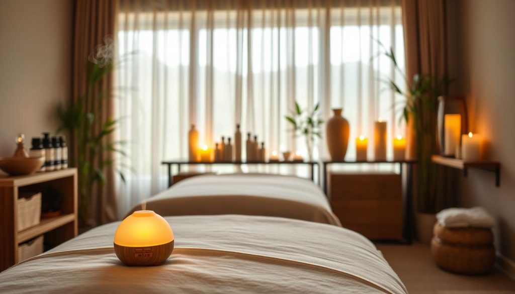A serene and inviting private massage room featuring a massage table dressed with soft linens and an array of soothing oils displayed on a wooden shelf. In the foreground, a calming essential oil diffuser gently emits aromatic steam, creating a tranquil atmosphere. The middle section showcases natural elements, such as bamboo plants and calming candles that flicker softly, casting warm, inviting light. The background includes a large window draped with sheer curtains, allowing soft, natural light to filter through, enhancing the peaceful ambiance. The room's color palette consists of soft earth tones, promoting relaxation. The overall mood is serene and rejuvenating, perfect for illustrating the unique appeal of personalized massage services.