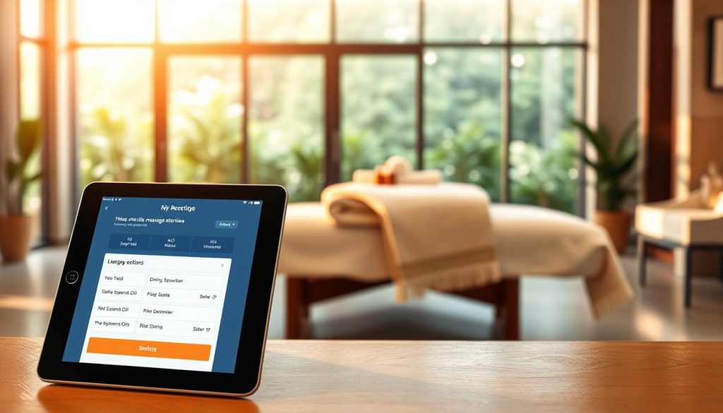 A serene and inviting reception area designed for an on-site massage service. In the foreground, a sleek digital tablet displaying a user-friendly booking interface with various appointment options. The middle layer features an elegant massage table adorned with soft towels and calming essential oils, set against a softly lit backdrop of calming colors. In the background, large windows reveal a tranquil scene of greenery, enhancing the sense of relaxation and professionalism. The lighting is warm, with diffused light casting gentle shadows, creating a welcoming atmosphere. The overall mood conveys efficiency and tranquility, illustrating a seamless booking process for corporate clients seeking flexible scheduling options.