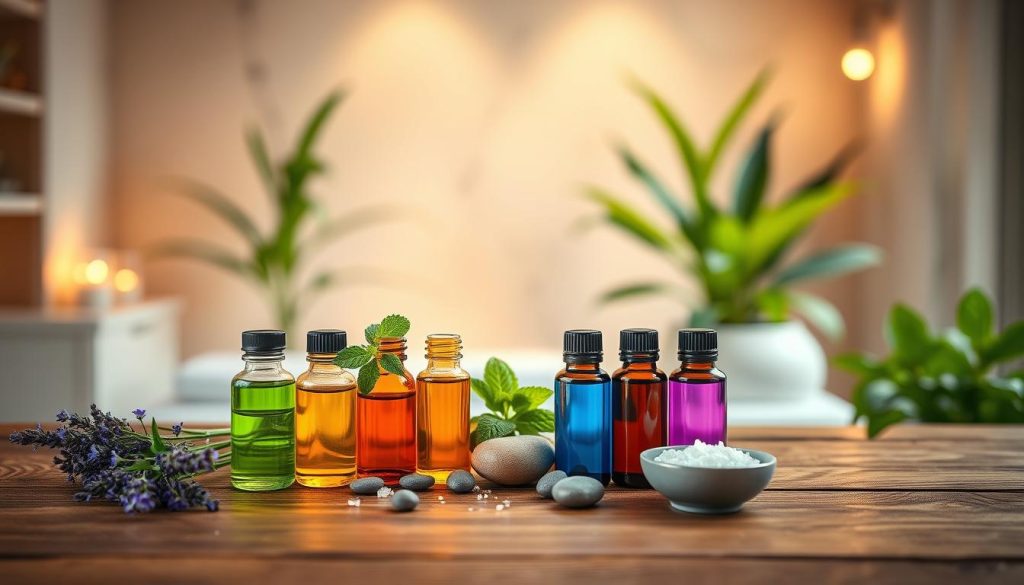 A serene and inviting scene showcasing the healing power of essential oils. In the foreground, a beautifully arranged set of essential oil bottles with vibrant colored liquids, surrounded by fresh herbs like lavender, eucalyptus, and peppermint. The middle ground features a softly lit wooden table adorned with a lit candle, pebbles, and a small bowl with a sprinkle of sea salt. In the background, an elegant, blurred silhouette of a tranquil spa room with soft green plants and a gentle, warm glow emanating from overhead lights. The light should be soft and diffused, creating a calm and peaceful atmosphere. The overall mood is soothing and restorative, perfect for evoking the therapeutic benefits of aromatherapy.