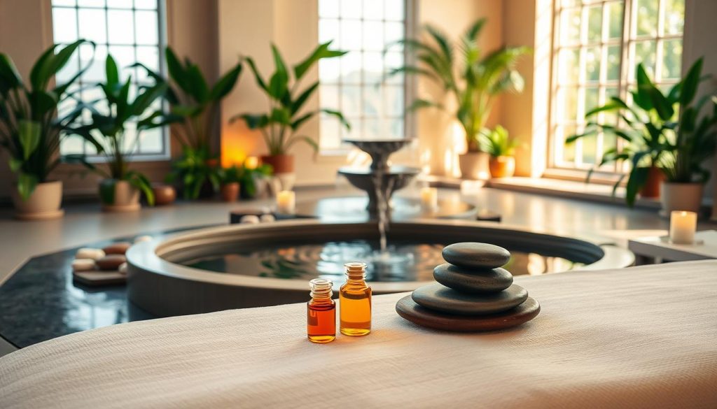 A serene and inviting spa environment showcasing holistic body treatments for mind and body. In the foreground, a beautifully arranged treatment table adorned with smooth, heated stones, elegant aromatherapy bottles filled with colorful essential oils. The middle ground features a tranquil water fountain with gentle rippling water, surrounded by lush green plants and soft, ambient lighting. In the background, large windows let in warm, natural light, highlighting the calming pastel colors of the walls. The atmosphere is peaceful and rejuvenating, evoking a sense of relaxation and harmony. Capture this scene from a slightly elevated angle, emphasizing the inviting and soothing nature of the space. A serene and inviting spa environment showcasing holistic body treatments for mind and body. In the foreground, a beautifully arranged treatment table adorned with smooth, heated stones, elegant aromatherapy bottles filled with colorful essential oils. The middle ground features a tranquil water fountain with gentle rippling water, surrounded by lush green plants and soft, ambient lighting. In the background, large windows let in warm, natural light, highlighting the calming pastel colors of the walls. The atmosphere is peaceful and rejuvenating, evoking a sense of relaxation and harmony. Capture this scene from a slightly elevated angle, emphasizing the inviting and soothing nature of the space.