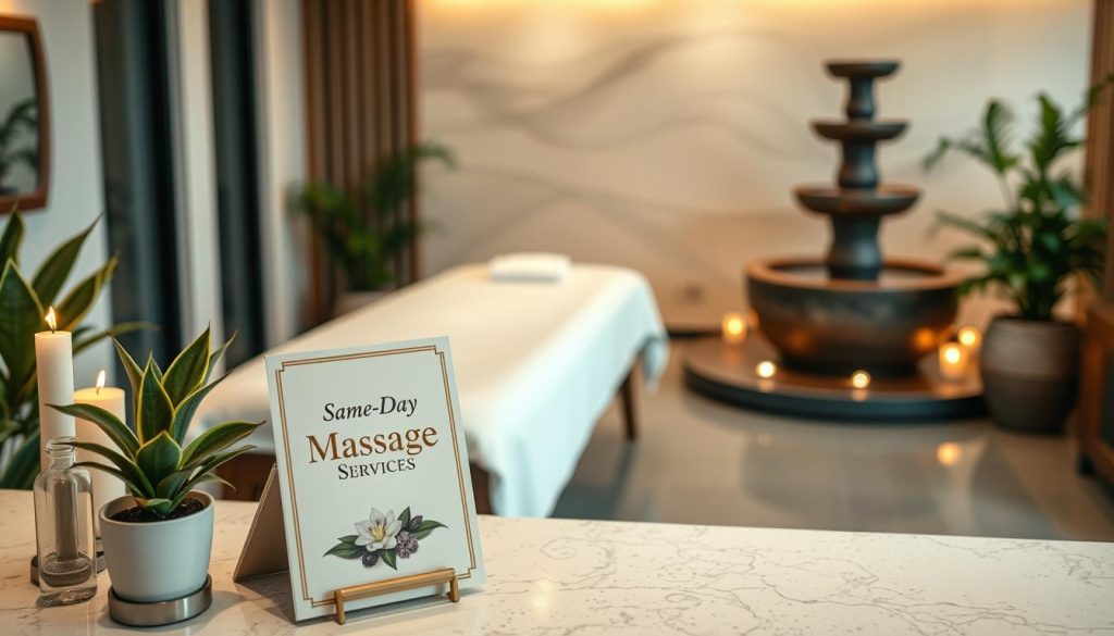 A serene and inviting spa setting, depicting a modern and calming massage room. In the foreground, a neatly arranged reception desk with an elegant brochure titled "Same-Day Massage Services" prominently displayed, surrounded by soothing plants and candles. In the middle ground, a comfortable massage table with soft, fresh linens, and essential oils carefully placed nearby. The background features tranquil water elements, such as a small indoor fountain, and soft ambient lighting that creates a warm atmosphere. The scene is captured from a slightly elevated angle to provide depth, using soft focus to enhance the peacefulness. The overall mood should convey relaxation and professionalism, inviting viewers to imagine the experience of booking a massage session.