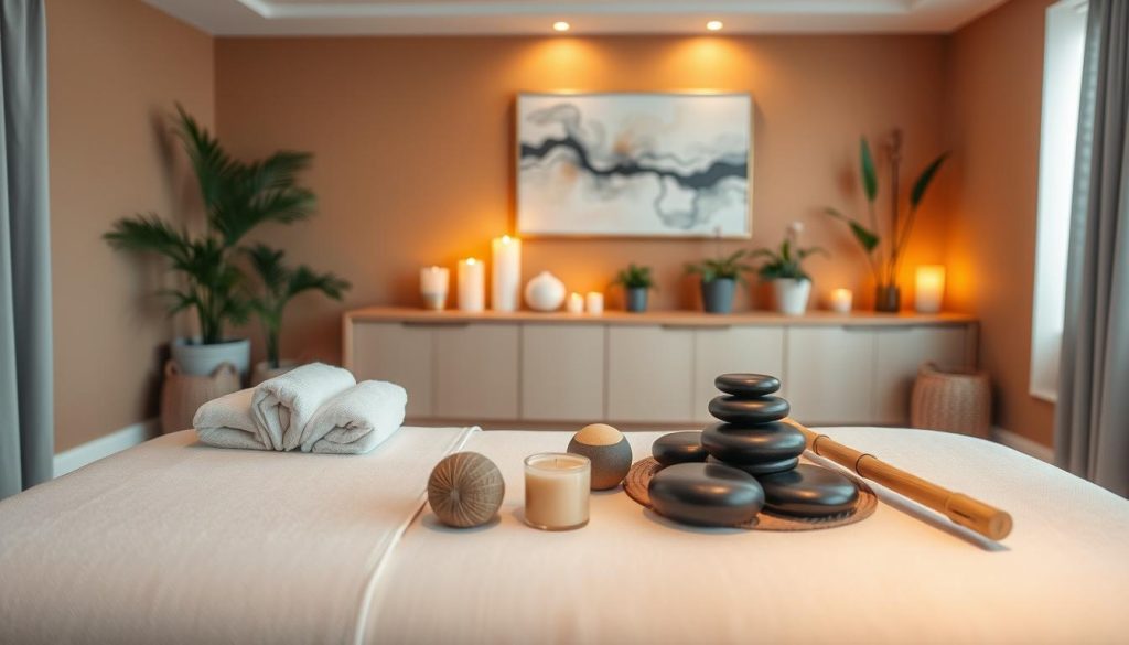 A serene and inviting therapy room designed for therapeutic massage, showcasing a variety of massage options. In the foreground, display an elegant reclining massage table adorned with soft, plush towels and aromatherapy oils, arranged neatly. In the middle, include a selection of massage tools such as hot stones, massage balls, and bamboo sticks, illustrating various techniques. In the background, feature calming elements like soft lighting from candles, potted plants, and an abstract art piece on a warm-colored wall, creating a tranquil atmosphere. Emphasize a soothing color palette of soft blues and earthy tones. The lighting should be soft and warm, evoking a sense of relaxation and healing, inviting clients to explore these additional therapeutic options in a comforting environment.