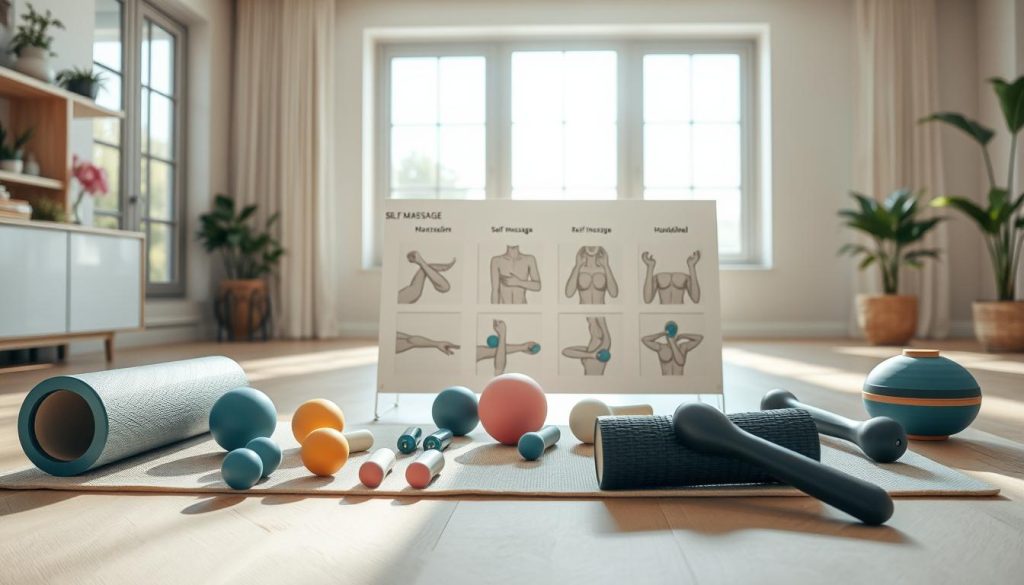 A serene and inviting workspace showcasing various self-massage techniques and tools. In the foreground, lay out an assortment of massage tools such as a foam roller, massage balls, and handheld massagers arranged aesthetically on a soft yoga mat. In the middle ground, display step-by-step visuals of self-massage techniques, with emphasis on the hands and arms demonstrating proper application on various muscle groups, depicted as clear illustrations. The background features a calming environment with natural light streaming through large windows, creating a warm atmosphere. Soft, earthy tones dominate the color palette, enhancing relaxation and well-being. The overall mood of the image should be soothing and informative, promoting a sense of rejuvenation and self-care.