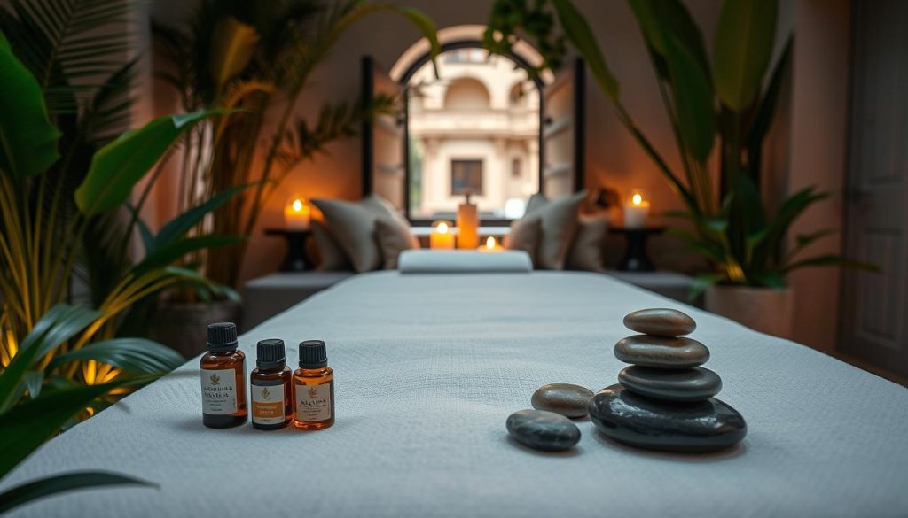 A serene and luxurious spa setting in Istanbul, featuring a beautifully arranged massage table surrounded by lush greenery and soft, ambient lighting. In the foreground, essential oils and natural stones are artfully displayed beside the table. The middle ground includes elegant decorations such as ornate cushions and soothing candles that emit a warm glow, creating a calming atmosphere. In the background, traditional Turkish architectural features are visible through an arched window, hinting at the unique cultural experience. This image conveys a sense of relaxation and personalization, highlighting an atmosphere that invites indulgence and thoughtful customization in the massage experience. Soft focus on the edges enhances the tranquil and inviting mood.