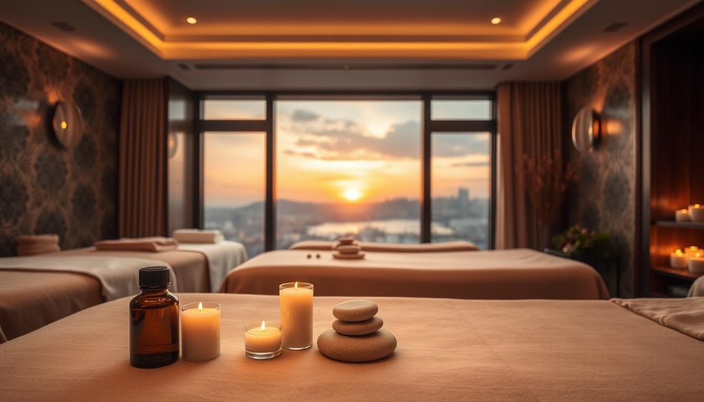 A serene and tranquil Istanbul massage spa interior, showcasing an inviting treatment room with plush massage tables draped in soft, earth-toned linens. In the foreground, a luxurious set of essential oils, aromatic candles, and smooth stones are meticulously arranged. The middle layer reveals elegantly patterned wall tiles, a soft ambient light emanating from stylish fixtures, creating a calming atmosphere. In the background, large windows offer a glimpse of an Istanbul skyline at sunset, casting warm hues across the room. The overall mood is peaceful and rejuvenating, inviting one to unwind and indulge in a soothing massage experience amidst the lively spirit of the city.