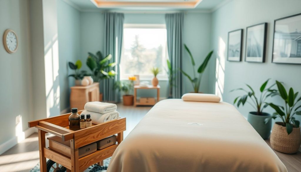A serene and tranquil massage therapy room designed for injury recovery, featuring a professional massage table in soft beige tones, surrounded by gentle hues of green and blue in the decor. In the foreground, massage oils and towels are neatly arranged on a wooden cart. The middle ground captures a beautiful window with natural light streaming in, casting soft shadows across the room. In the background, soothing plants and calming artwork enhance the atmosphere, promoting relaxation and healing. The lighting is warm and inviting, creating a peaceful ambiance ideal for muscle relaxation and improved mobility. A sense of calm and rejuvenation permeates the scene, inspiring hope for recovery and well-being.