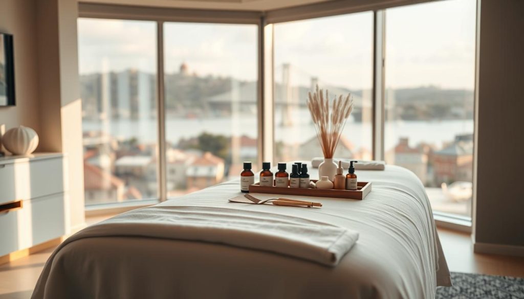 A serene corporate massage therapy setting in Istanbul, focusing on a sleek, modern office space. In the foreground, a professional massage table is neatly set up, draped with crisp white linens. In the middle ground, an array of massage oils and utensils are artistically arranged, highlighting an atmosphere of relaxation and rejuvenation. The background features large windows with soft natural light streaming in, revealing a stunning view of Istanbul’s skyline complete with iconic landmarks like the Bosphorus Bridge and historic buildings. The overall mood is tranquil and inviting, suggesting a blend of professionalism and comfort, perfect for on-site corporate wellness solutions. Soft, warm lighting enhances the peaceful ambiance, creating a welcoming haven for relaxation.