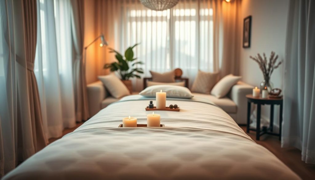 A serene in-home massage setting in Istanbul, capturing an inviting atmosphere of privacy and comfort. In the foreground, a beautifully arranged massage table draped in soft, luxurious linens, adorned with calming essential oils and candles. The middle ground features a cozy, softly lit room with plush pillows and warm, neutral tones, with sheer curtains allowing filtered natural light to enter gently. In the background, subtle decorative elements like a potted plant and traditional Turkish art pieces enhance the cultural resonance. The overall mood is tranquil and relaxing, with soft shadows and warm lighting that evoke a sense of calm and intimacy, creating a perfect environment for a soothing massage experience.