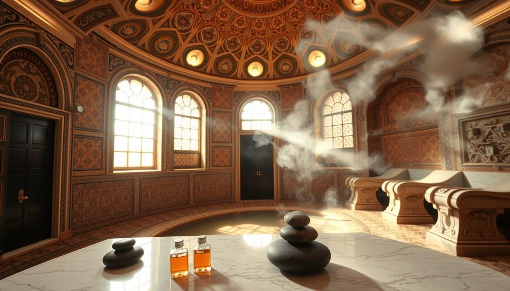 A serene interior of a traditional Turkish hammam in Istanbul, showcasing intricate tile work with vibrant patterns and warm earth tones. In the foreground, elegantly arranged stones and massage oils on a marble table, symbolizing relaxation and luxury. The middle ground features a beautifully domed ceiling adorned with soft, ambient light filtering through ornate windows, casting gentle shadows. The background reveals steam wafting in the air and elegantly carved stone benches. The atmosphere is tranquil and inviting, embodying the essence of a rejuvenating spa experience. Soft lighting enhances the warm hues, creating a calming mood perfect for relaxation. No humans are present in the scene. A serene interior of a traditional Turkish hammam in Istanbul, showcasing intricate tile work with vibrant patterns and warm earth tones. In the foreground, elegantly arranged stones and massage oils on a marble table, symbolizing relaxation and luxury. The middle ground features a beautifully domed ceiling adorned with soft, ambient light filtering through ornate windows, casting gentle shadows. The background reveals steam wafting in the air and elegantly carved stone benches. The atmosphere is tranquil and inviting, embodying the essence of a rejuvenating spa experience. Soft lighting enhances the warm hues, creating a calming mood perfect for relaxation. No humans are present in the scene.