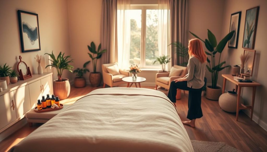 A serene massage therapy room, showcasing a professional massage therapist's workspace that emphasizes collaboration and communication. In the foreground, a massage table draped with a soft, neutral-colored sheet, with essential oils and therapy tools neatly arranged nearby. In the middle, an inviting seating area with cozy chairs and a small table, where a therapist and a client can sit together discussing their needs. The background features soothing décor such as calming artwork, plants, and warm lighting that creates a tranquil atmosphere. Soft shadows are cast by natural light filtering through a window, enriching the space with a mood of comfort and openness, reflecting the important conversation about personal well-being. The image should be depicted in a realistic style with warm, earthy tones that reinforce a sense of peace and professionalism.