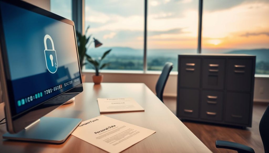 A serene office setting focused on data protection law compliance. In the foreground, a sleek, modern computer with data security software displayed on the screen, emphasizing digital privacy. In the middle ground, a well-organized desk with documents labeled "Personal Data" and "Consent Forms," paired with a locked file cabinet, symbolizing confidentiality. The background features soft, warm lighting that conveys trust, with a large window showing a peaceful landscape outside, reinforcing a sense of security and calmness. The overall atmosphere is professional and reassuring, highlighting the importance of safeguarding personal information in a context relevant to booking services like massages, without any human elements or distracting text.