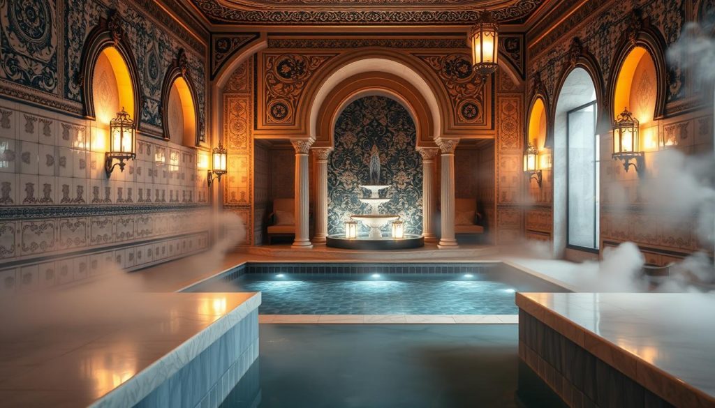 A serene private hammam in Istanbul, featuring intricate tile work and ornate decorative elements. In the foreground, smooth marble benches and inviting steam rising gently add an ethereal quality. The middle ground showcases beautiful arches and softly glowing lanterns that cast warm, diffused light across the space. The background reveals a tranquil water feature, enhancing the calming atmosphere. The scene should feel luxurious and intimate, radiating a sense of relaxation and exclusivity. The overall color palette consists of soft earth tones interspersed with rich blue and gold accents. Composed from a slightly low angle, the image captures the grandeur and cozy charm of this private setting, designed for ultimate pampering and customization experiences.
