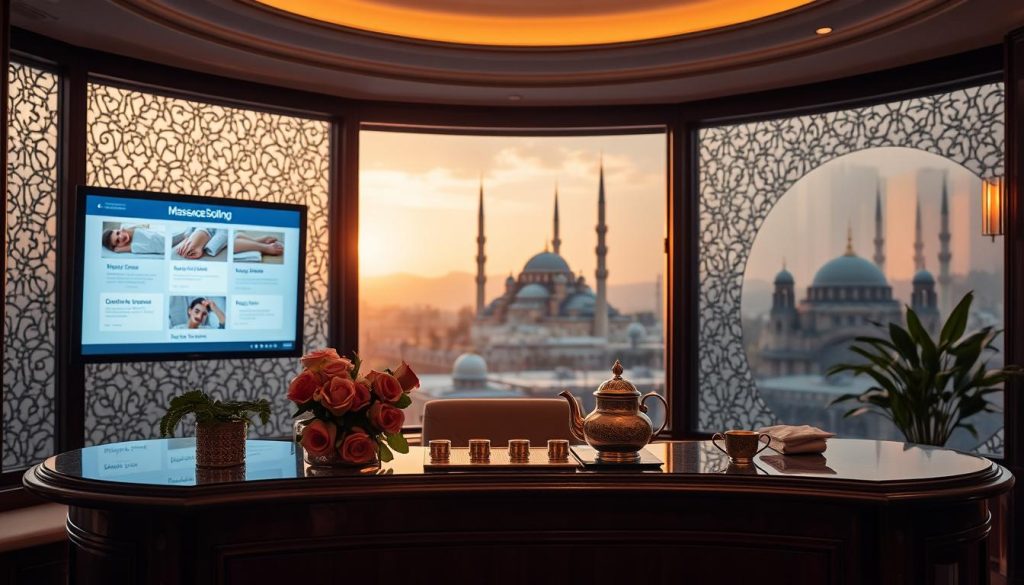 A serene scene depicting a cozy, elegant massage booking area in Istanbul. In the foreground, a beautifully arranged reception desk made of dark wood, adorned with fresh roses and traditional Turkish tea set. The middle ground features a large screen displaying various massage options, illuminated with soft, warm light. The background reveals intricate Istanbul architecture through a large window, highlighting the city’s iconic minarets under a gentle sunset. The atmosphere is calm and inviting, with subtle golden light filtering in, creating a tranquil environment suitable for relaxation. The overall mood is peaceful, capturing the essence of the traditional Turkish spa experience, with no human presence. A serene scene depicting a cozy, elegant massage booking area in Istanbul. In the foreground, a beautifully arranged reception desk made of dark wood, adorned with fresh roses and traditional Turkish tea set. The middle ground features a large screen displaying various massage options, illuminated with soft, warm light. The background reveals intricate Istanbul architecture through a large window, highlighting the city’s iconic minarets under a gentle sunset. The atmosphere is calm and inviting, with subtle golden light filtering in, creating a tranquil environment suitable for relaxation. The overall mood is peaceful, capturing the essence of the traditional Turkish spa experience, with no human presence.