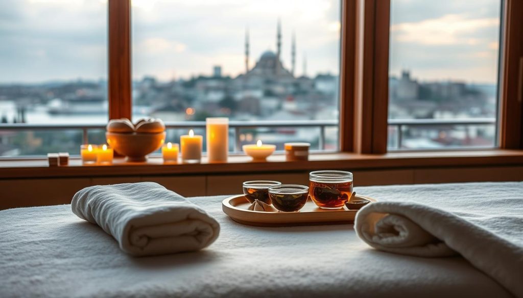A serene scene that illustrates the concept of "Before and After Massage Care" in Istanbul. In the foreground, show a tranquil spa room with a soft, plush massage table prepared with clean, warm linens. A bowl of fresh, aromatic oils and calming candles flicker gently on a wooden shelf nearby. In the middle, display a beautifully arranged herbal tea set, representing post-massage relaxation, with a view of the iconic Istanbul skyline softly blurred in the background. The atmosphere exudes a calming, tranquil mood with soft, warm lighting that suggests a peaceful spa environment. The angle is slightly elevated to capture both the intimate details of the spa setting and the expansive beauty of Istanbul, creating a harmonious blend of relaxation and cityscape. A serene scene that illustrates the concept of "Before and After Massage Care" in Istanbul. In the foreground, show a tranquil spa room with a soft, plush massage table prepared with clean, warm linens. A bowl of fresh, aromatic oils and calming candles flicker gently on a wooden shelf nearby. In the middle, display a beautifully arranged herbal tea set, representing post-massage relaxation, with a view of the iconic Istanbul skyline softly blurred in the background. The atmosphere exudes a calming, tranquil mood with soft, warm lighting that suggests a peaceful spa environment. The angle is slightly elevated to capture both the intimate details of the spa setting and the expansive beauty of Istanbul, creating a harmonious blend of relaxation and cityscape.