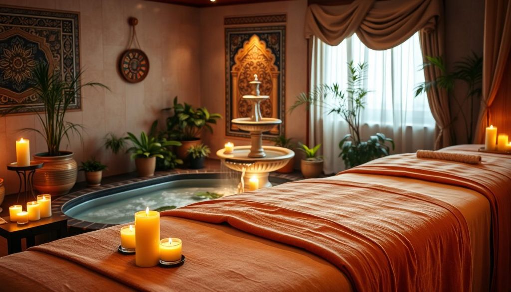 A serene spa environment in Istanbul, featuring luxurious massage tables adorned with soft, plush linens in warm, earthy tones. In the foreground, a wooden massage table is set with aromatherapy oils and candles, casting a soft glow. The middle ground includes a decorative water fountain with gentle flowing water, surrounded by potted plants for a lush, calming atmosphere. The background showcases traditional Turkish decor on the walls, including intricate tile work and fabric drapes. Soft ambient lighting filters through a window, creating a tranquil mood. The overall scene conveys relaxation and a personalized massage experience, emphasizing the cultural richness of Istanbul's therapy offerings.
